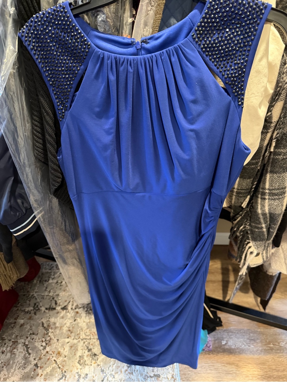 Cache Sleeveless Royal Blue Beaded Shoulder Cocktail Dress